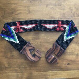 Vintage 80s Hand Beaded Stretch Belt With Wooden Buckle, Wearable Art.
